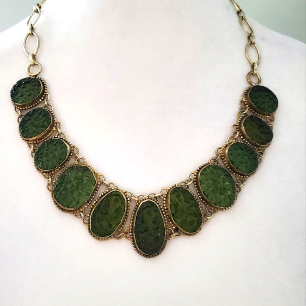 Vintage Nephrite Jade Necklace on Silver Chain with Toggle Clasp